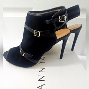 Ann Taylor Black Ankle Booties with Open Toe and Gold Accents